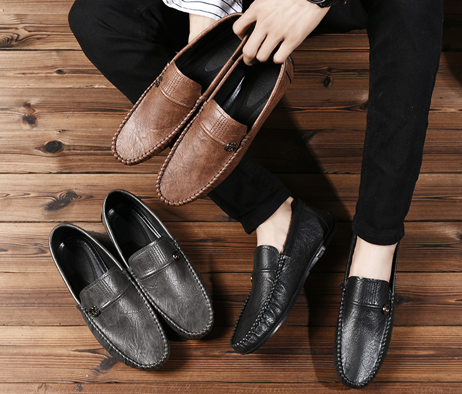 Men's stripe thread metal ornament slip on shoe loafers