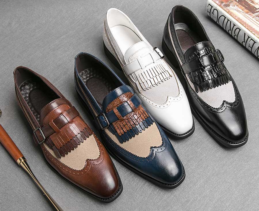 Men's brogue tassel buckle strap slip on dress shoes