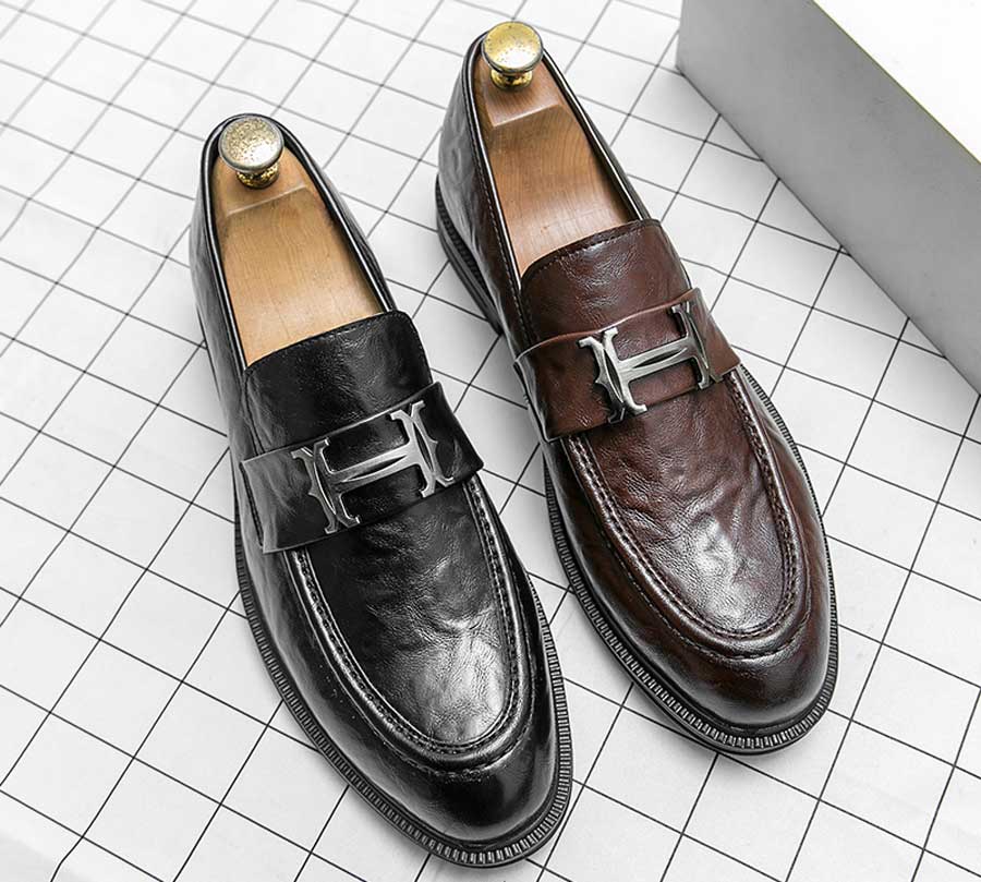 Men's metal buckle penny slip on dress shoes