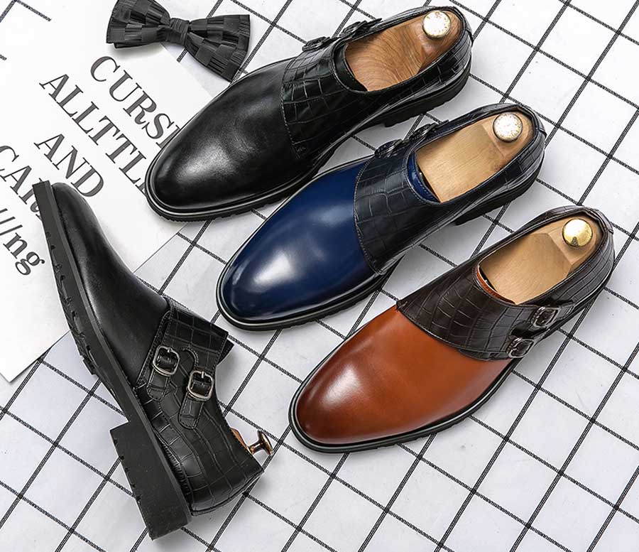 Men's monk strap croc skin pattern slip on dress shoes