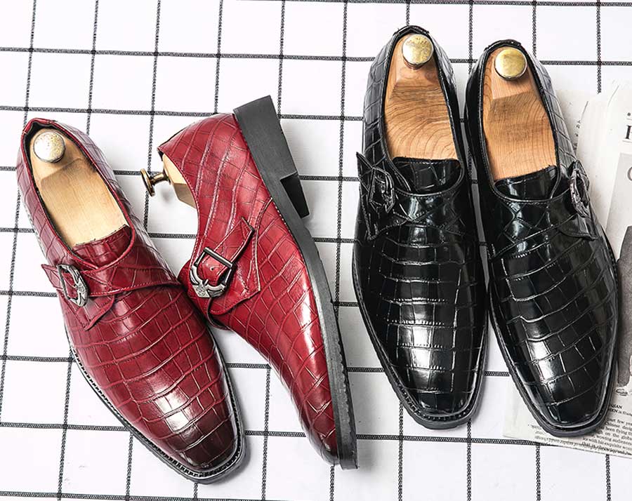 Men's retro monk strap croc skin pattern slip on dress shoes