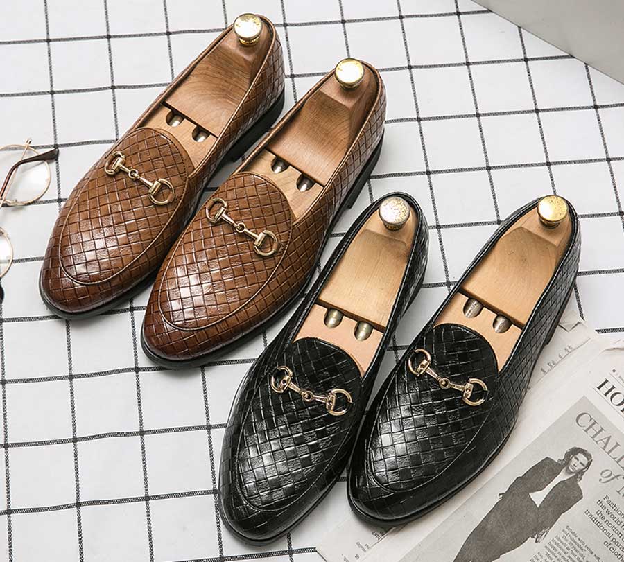 Men's retro weave accents metal buckle slip on dress shoes