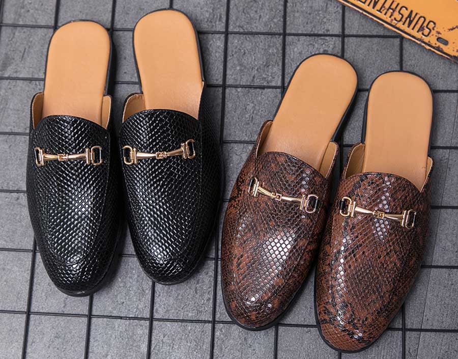 Men's pattern metal buckle on top slip on shoe mules