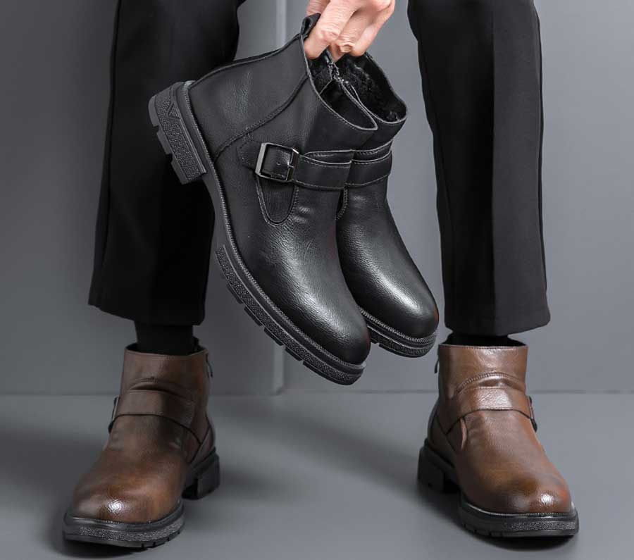 Men's buckle strap side zip slip on shoe boots