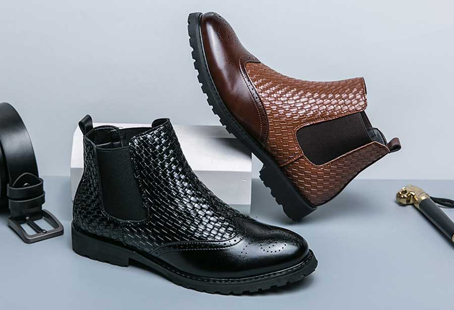 Men's retro wingtip brogue knit pattern slip on shoe boots