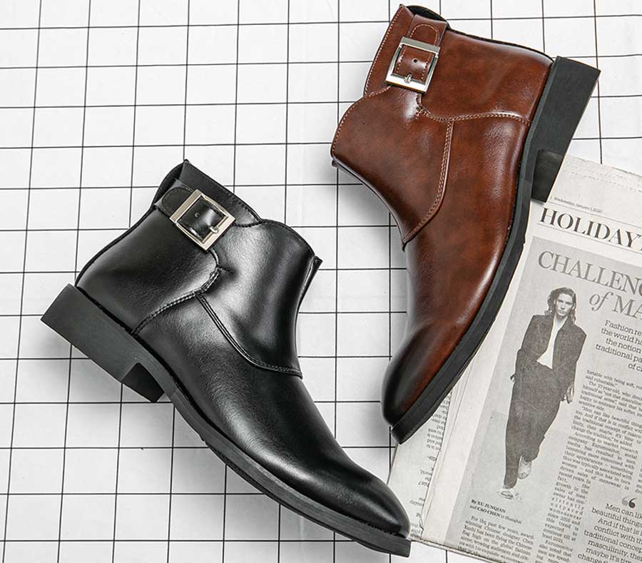 Men's retro buckle side zip slip on shoe boots