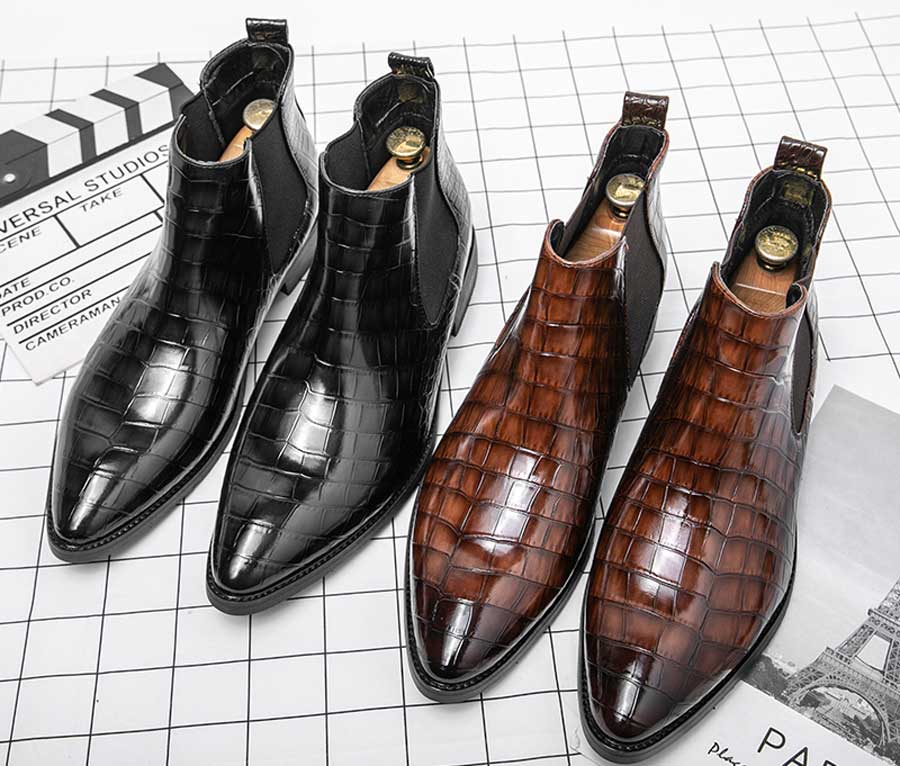 Men's retro croc skin pattern point toe slip on shoe boots