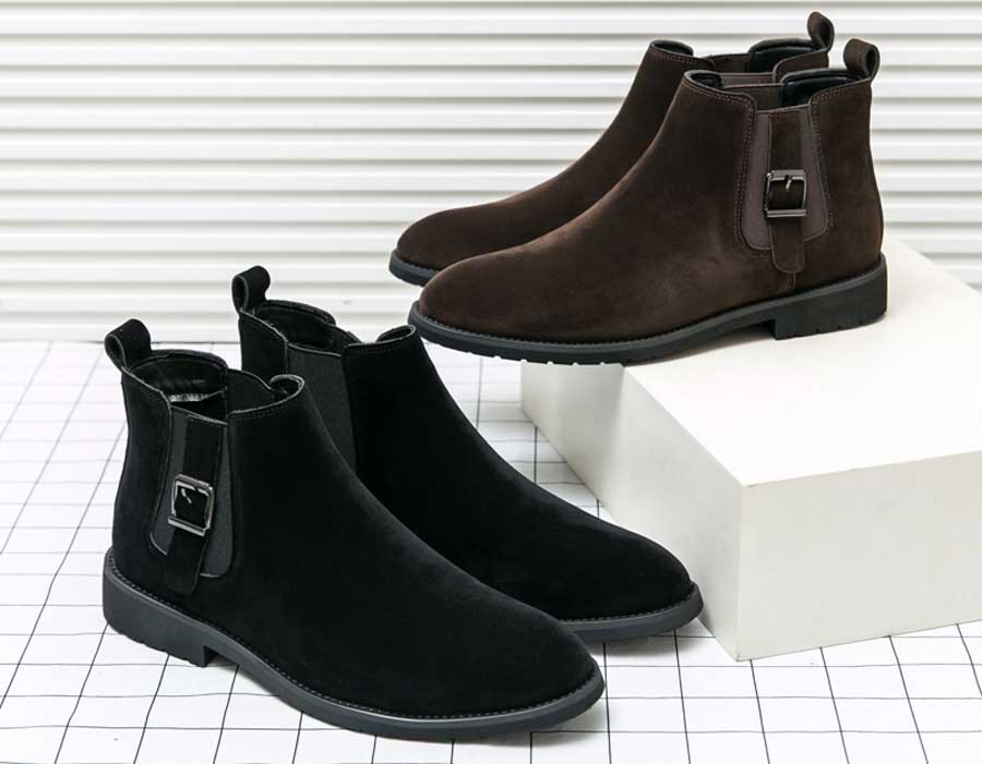 Men's nubuck buckle strap accents slip on shoe boots