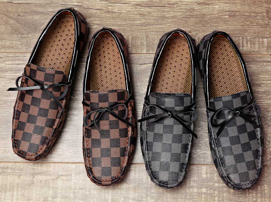 Men's check pattern lace tie on top slip on shoe loafers