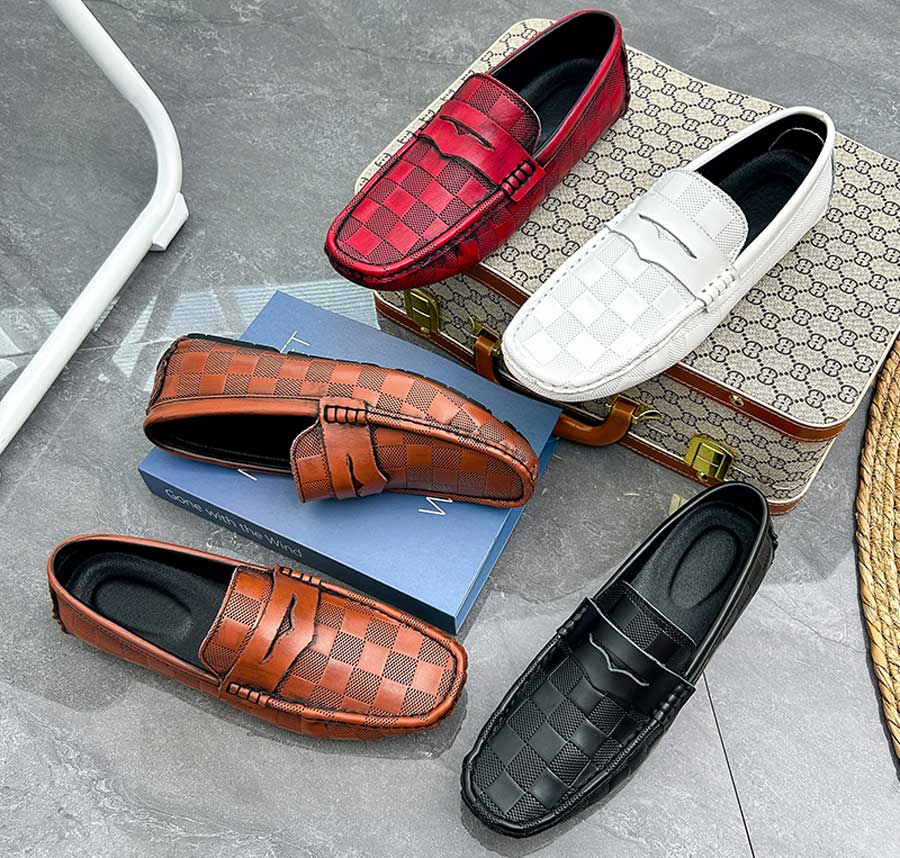 Men's retro check pattern penny slip on shoe loafers