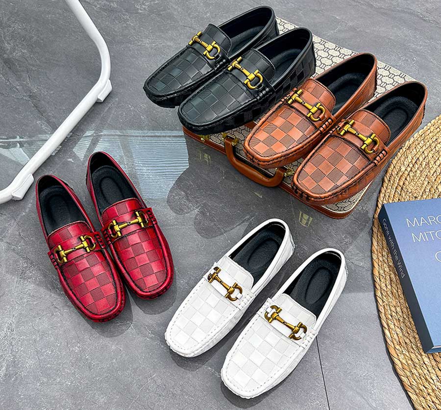 Men's retro check pattern metal buckle slip on shoe loafers