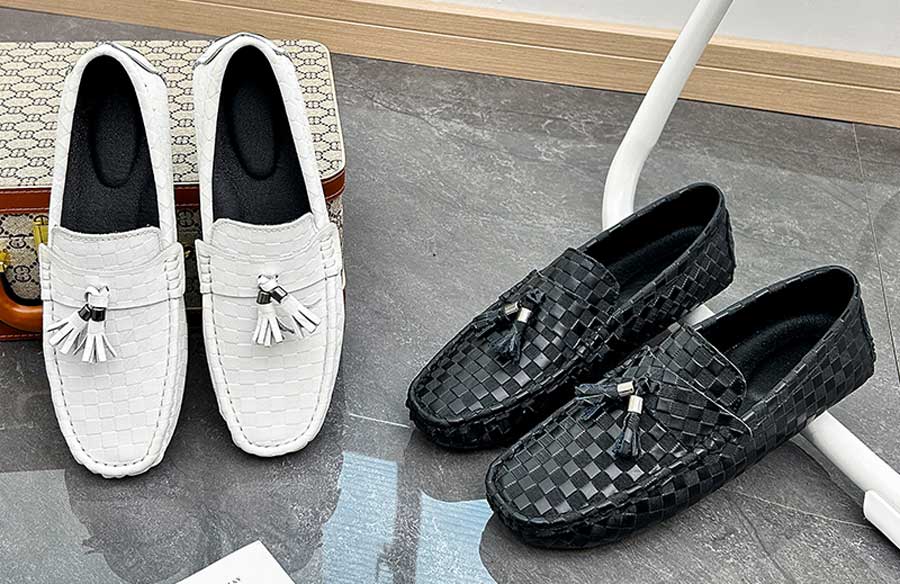 Men's check pattern top tassel penny slip on shoe loafers