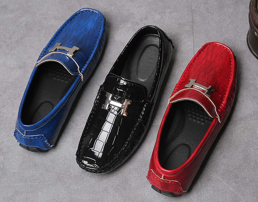 Men's croc skin pattern metal buckle slip on shoe loafers