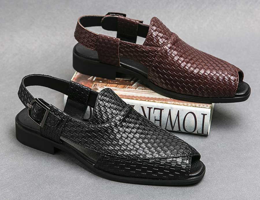 Men's weave pattern buckle strap open toe slip on shoe mules