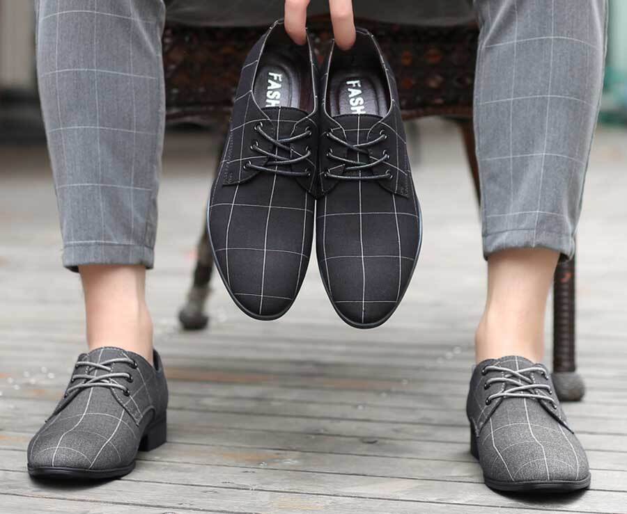 Men's check pattern point toe linen derby dress shoes