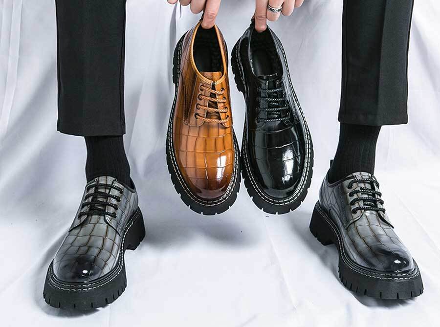 Men's retro croc skin pattern thick sole derby dress shoes