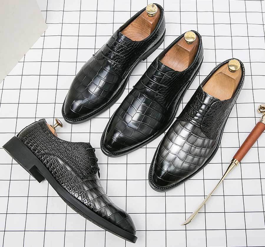 Men's retro crocodile skin pattern derby dress shoes