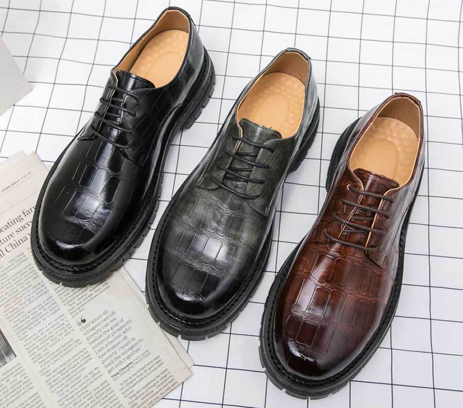 Men's retro croc skin pattern thick sole derby dress shoes