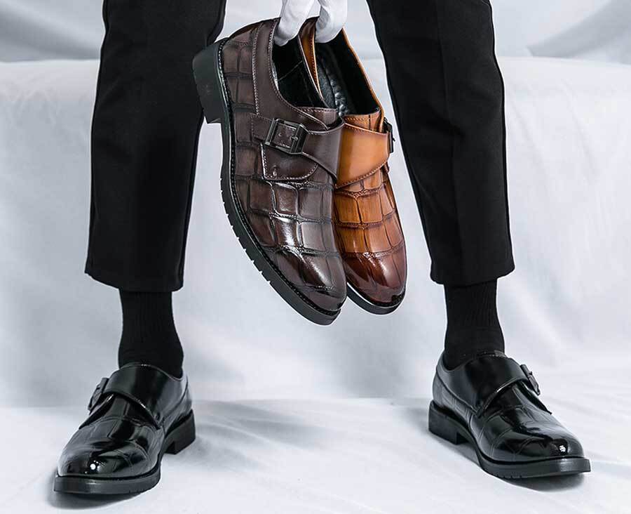 Men's retro croc pattern monk strap slip on dress shoes