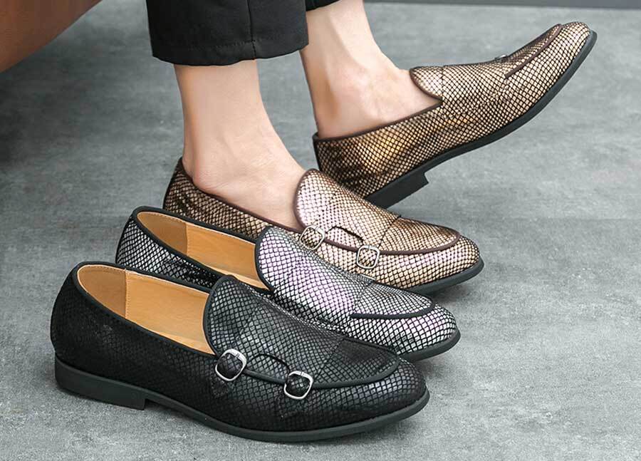 Men's retro pattern monk strap slip on dress shoes