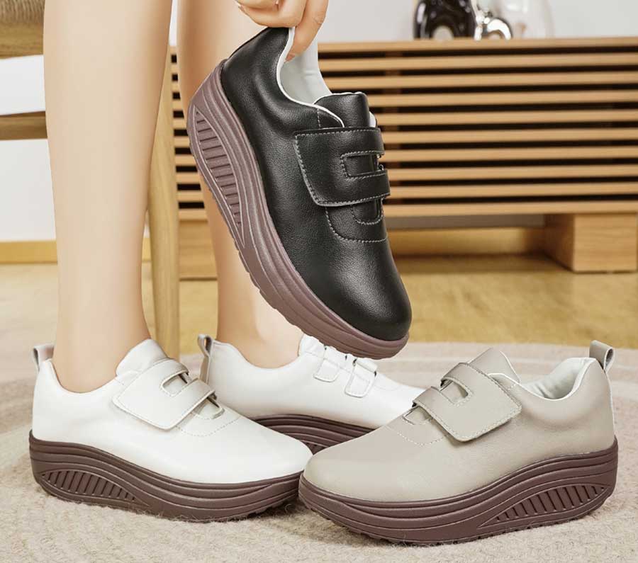 Women's velcro buckle strap slip on rocker bottom shoes