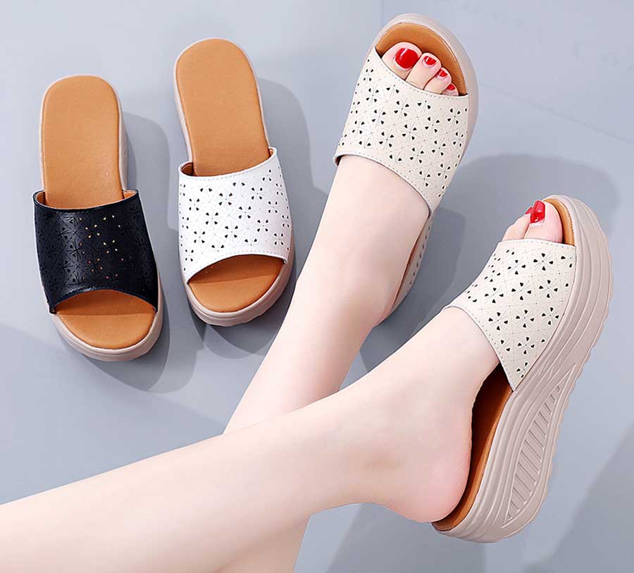 Women's pattern hollow out slip on rocker bottom shoe sandals