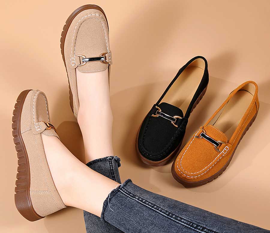 Women's casual metal buckle suede slip on shoe loafers