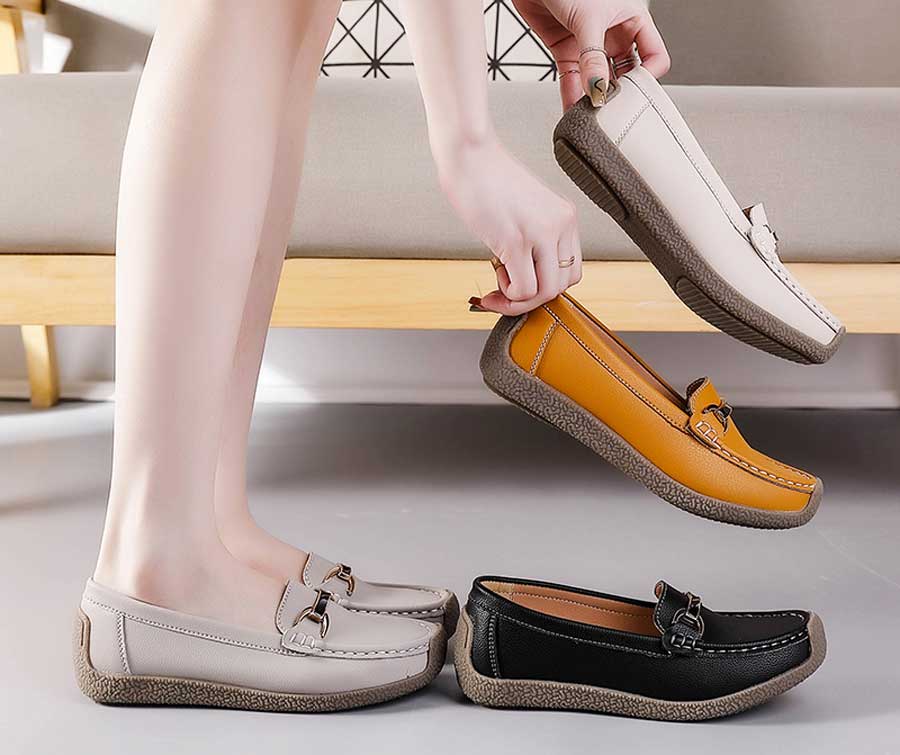 Women's casual metal buckle sewn accents slip on shoe loafers