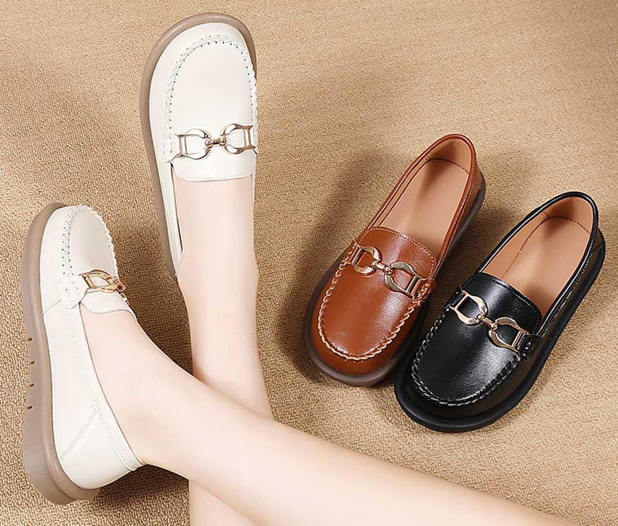 Women's casual metal buckle sewn accents slip on shoe loafers