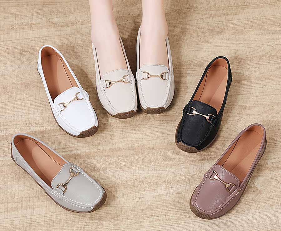 Women's casual metal buckle sewn accents slip on shoe loafers