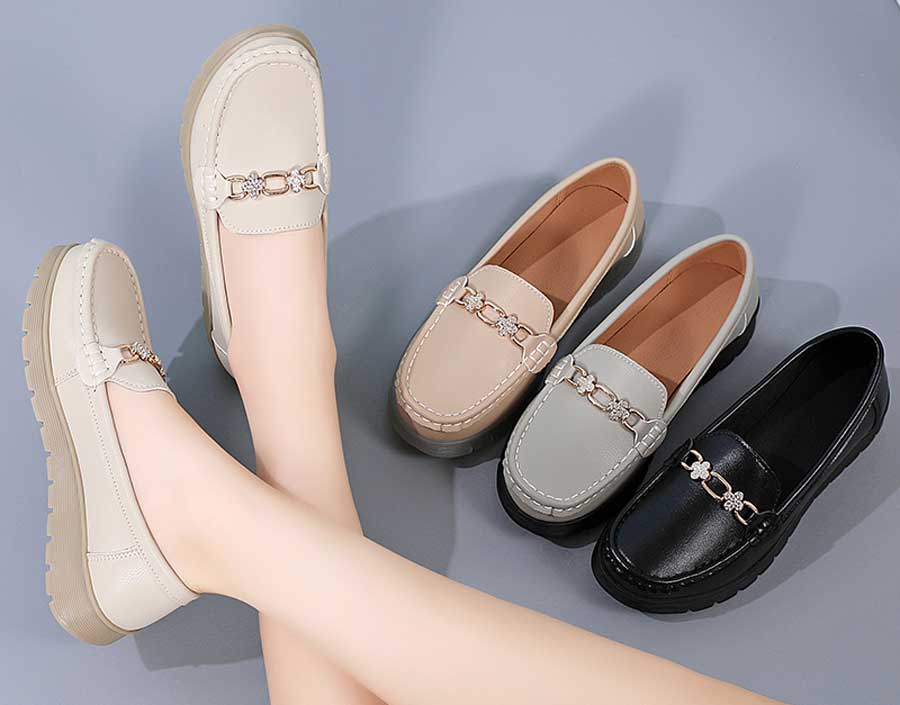 Women's ornament buckle sewn accents slip on shoe loafers